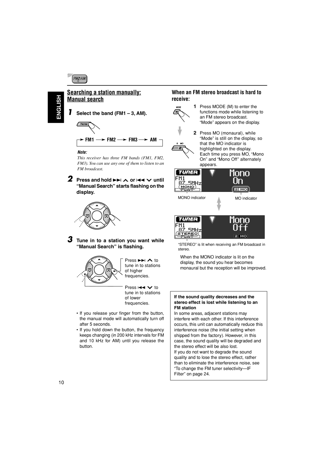 JVC KD-LH1000 Searching a station manually Manual search, When an FM stereo broadcast is hard to receive 