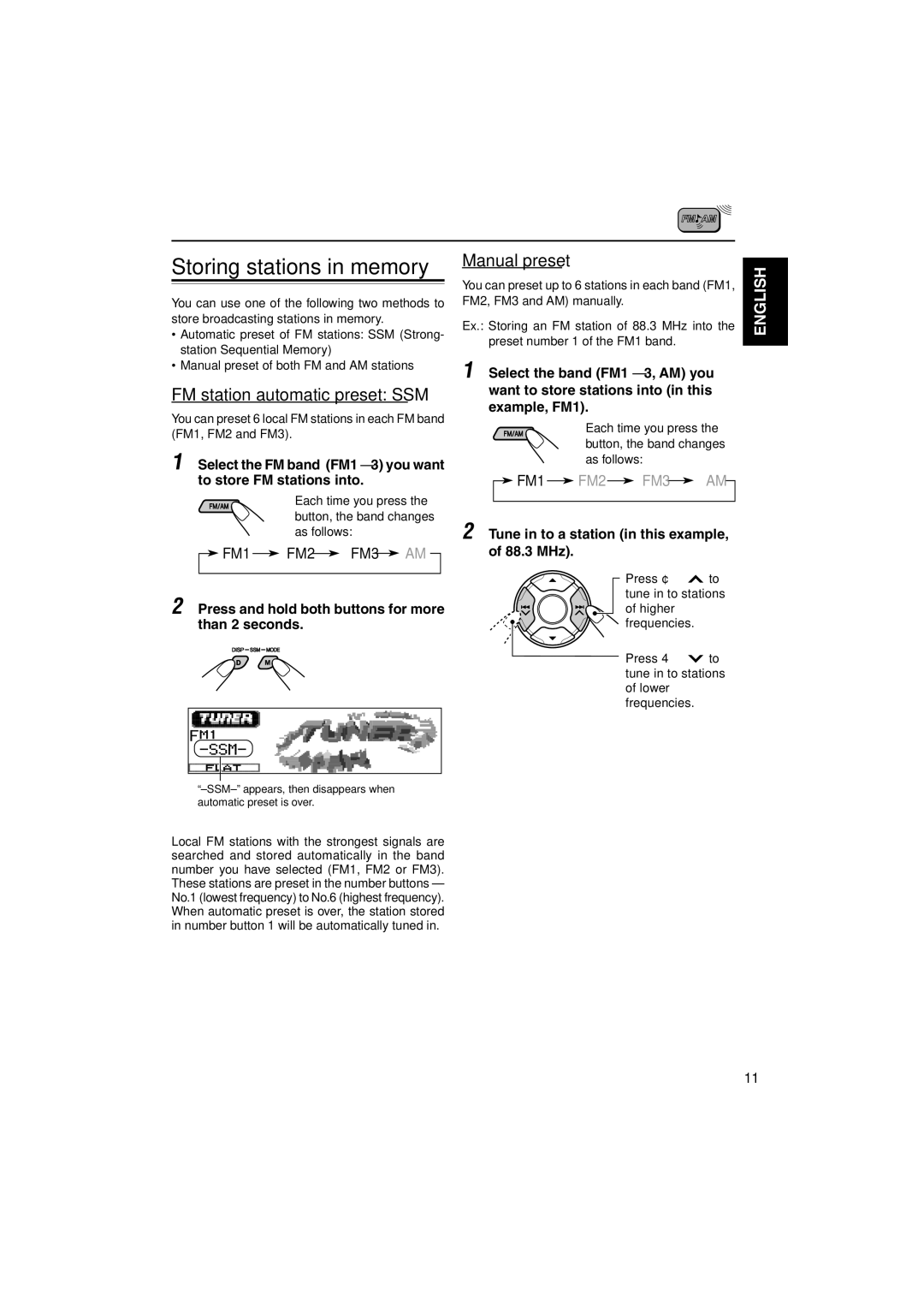 JVC KD-LH1000 manual FM station automatic preset SSM, Manual preset, FM1 FM2 FM3 AM 