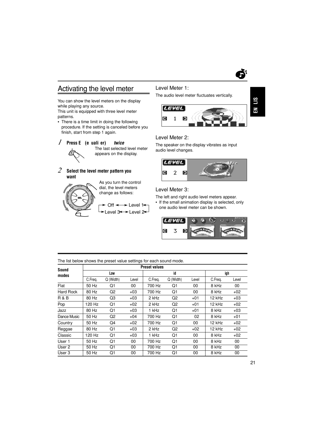 JVC KD-LH1000 Activating the level meter, Level Meter, Press EQ equalizer twice, Select the level meter pattern you want 