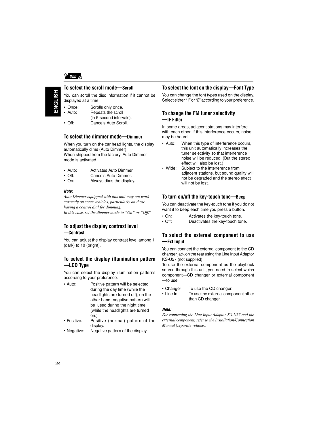 JVC KD-LH1000 To select the scroll mode-Scroll, To select the dimmer mode-Dimmer, To adjust the display contrast level 