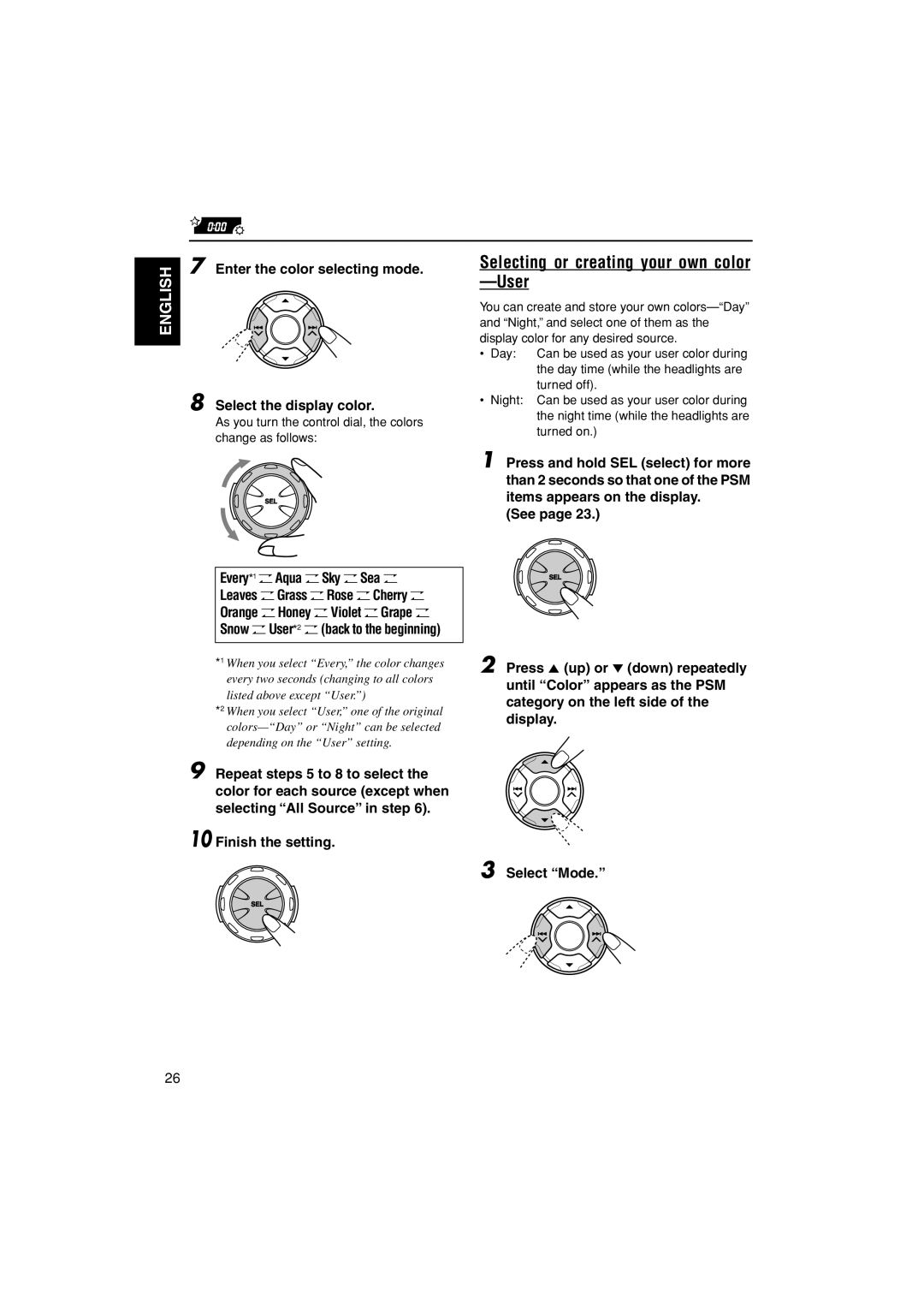 JVC KD-LH1000 manual Selecting or creating your own color User, Enter the color selecting mode Select the display color 