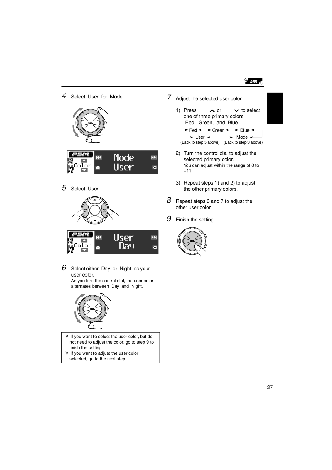 JVC KD-LH1000 manual User Mode, Turn the control dial to adjust the selected primary color 