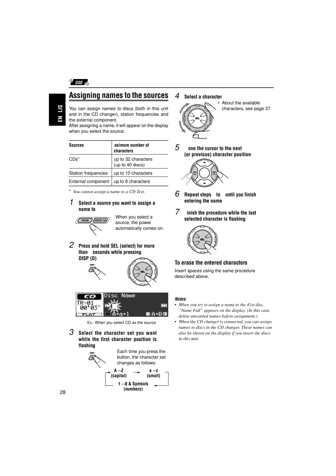 JVC KD-LH1000 manual To erase the entered characters, Select a character, Select a source you want to assign a name to 