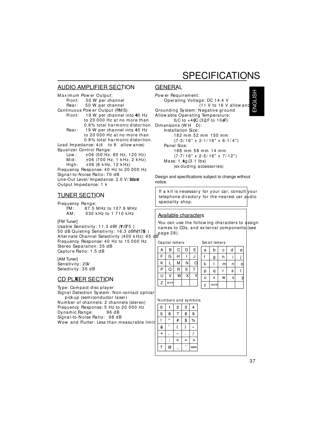 JVC KD-LH1000 manual Specifications, Available characters, FM Tuner, AM Tuner 