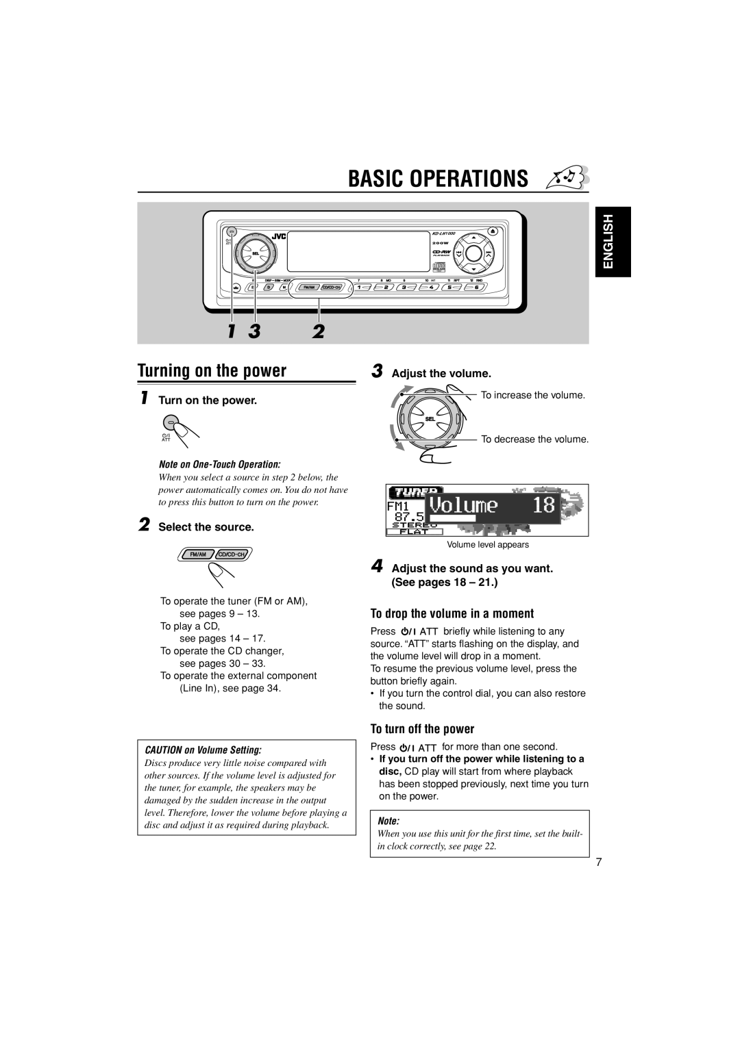 JVC KD-LH1000 manual Basic Operations, Turning on the power, To drop the volume in a moment, To turn off the power 