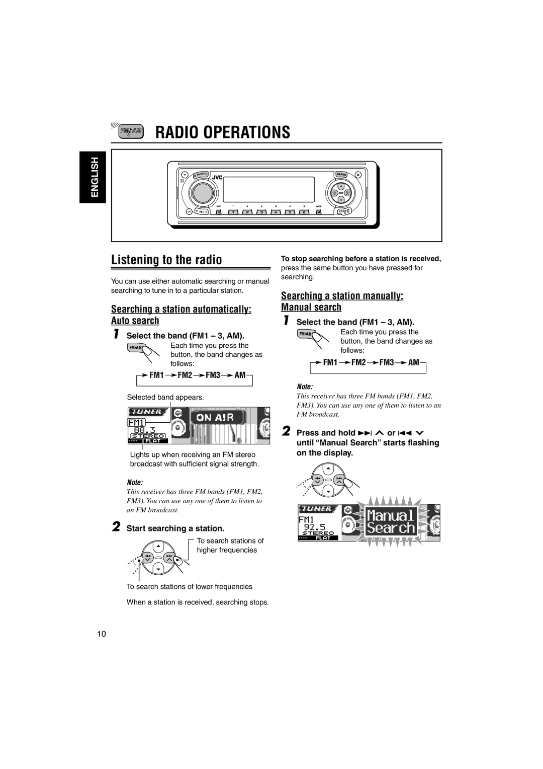 JVC KD-LH1101 manual Radio Operations, Listening to the radio, Searching a station automatically Auto search 