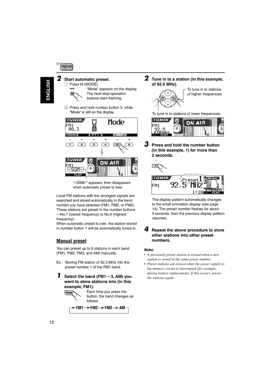 JVC KD-LH1101 manual Manual preset, Start automatic preset Tune in to a station in this example, 92.5 MHz, Press M Mode 