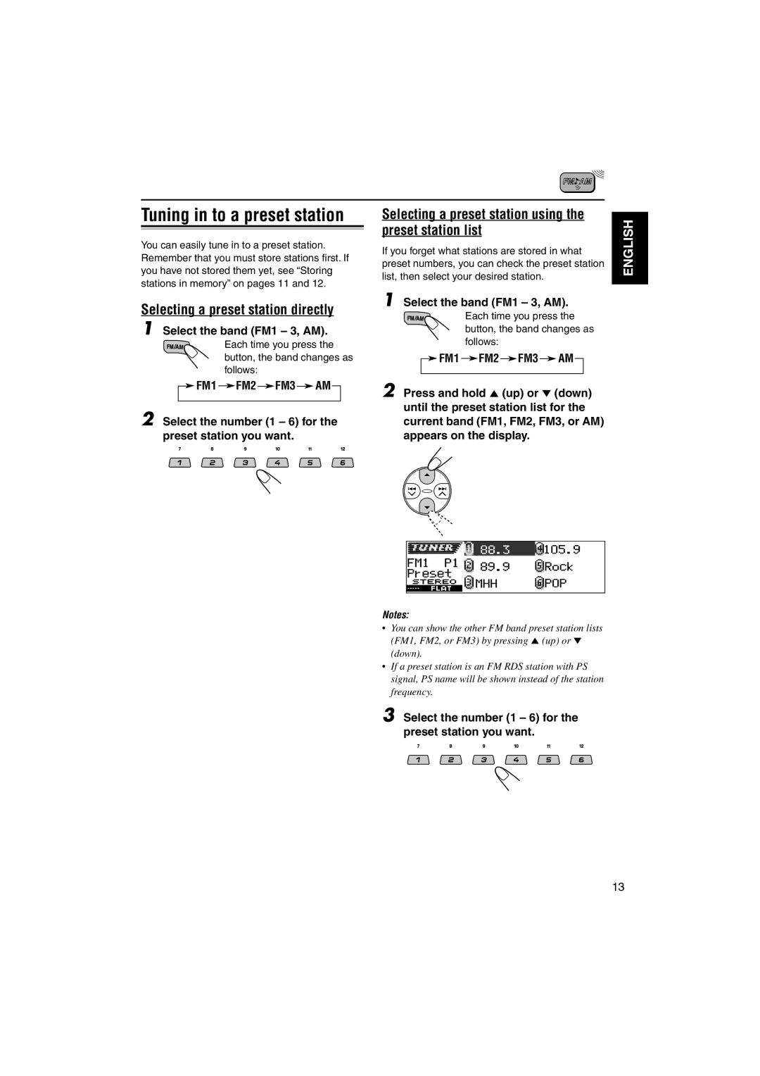 JVC KD-LH1101 manual Selecting a preset station directly, Selecting a preset station using the preset station list 