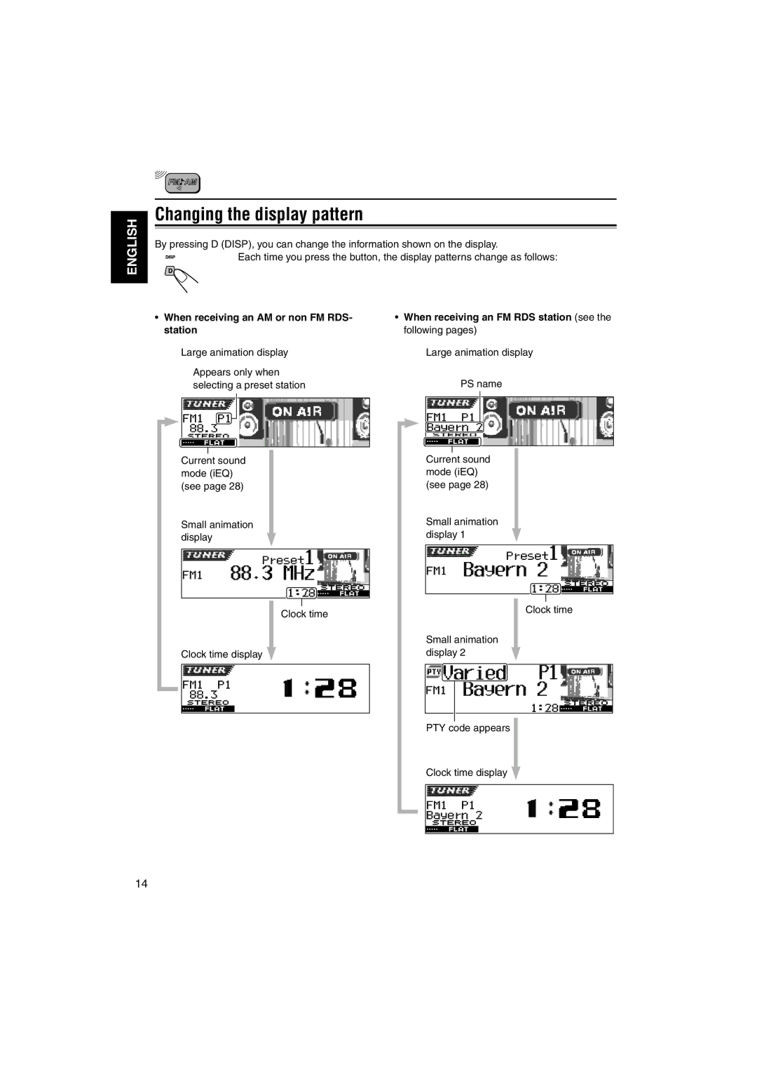 JVC KD-LH1101 manual Changing the display pattern, When receiving an AM or non FM RDS, Station, Following pages 