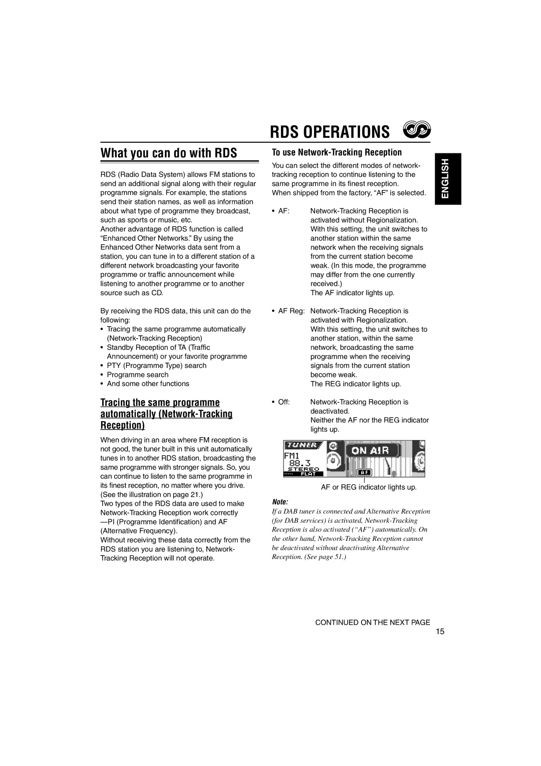 JVC KD-LH1101 manual RDS Operations, What you can do with RDS, To use Network-Tracking Reception 