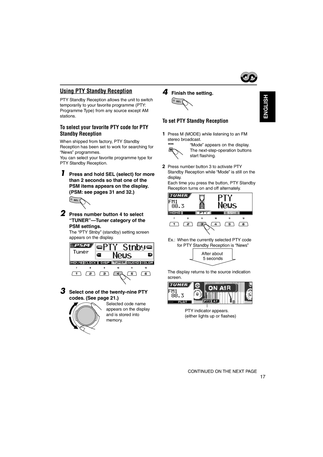 JVC KD-LH1101 manual Using PTY Standby Reception, To select your favorite PTY code for PTY Standby Reception 