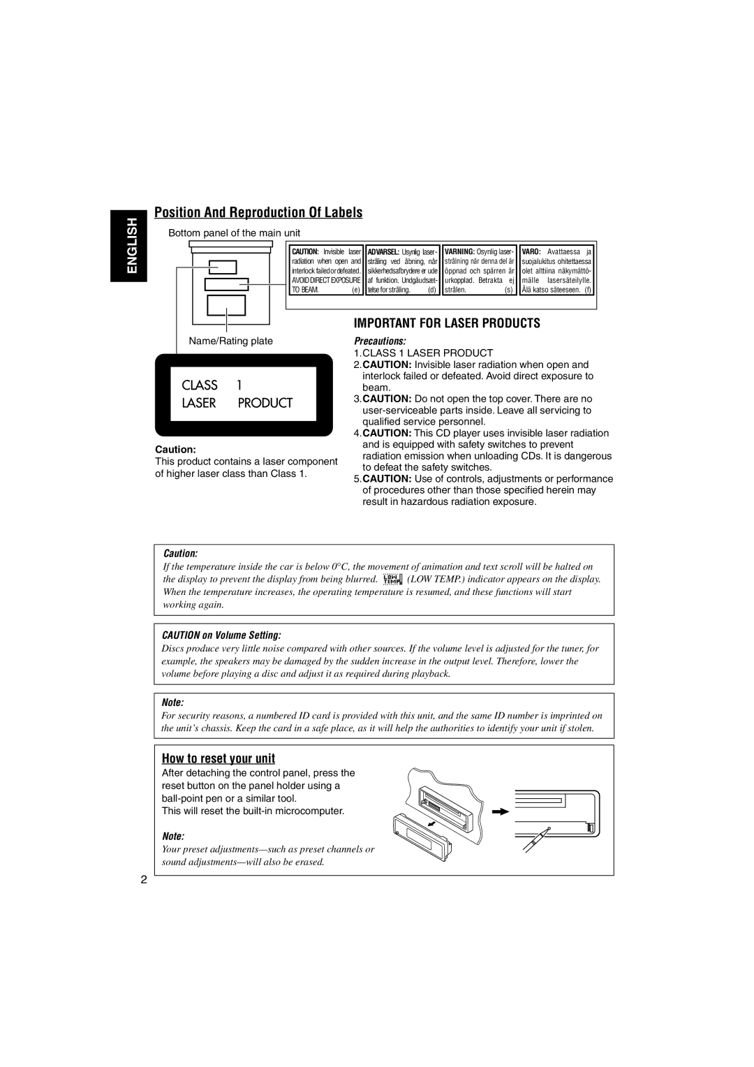 JVC KD-LH1101 manual Position And Reproduction Of Labels, How to reset your unit, Bottom panel of the main unit 