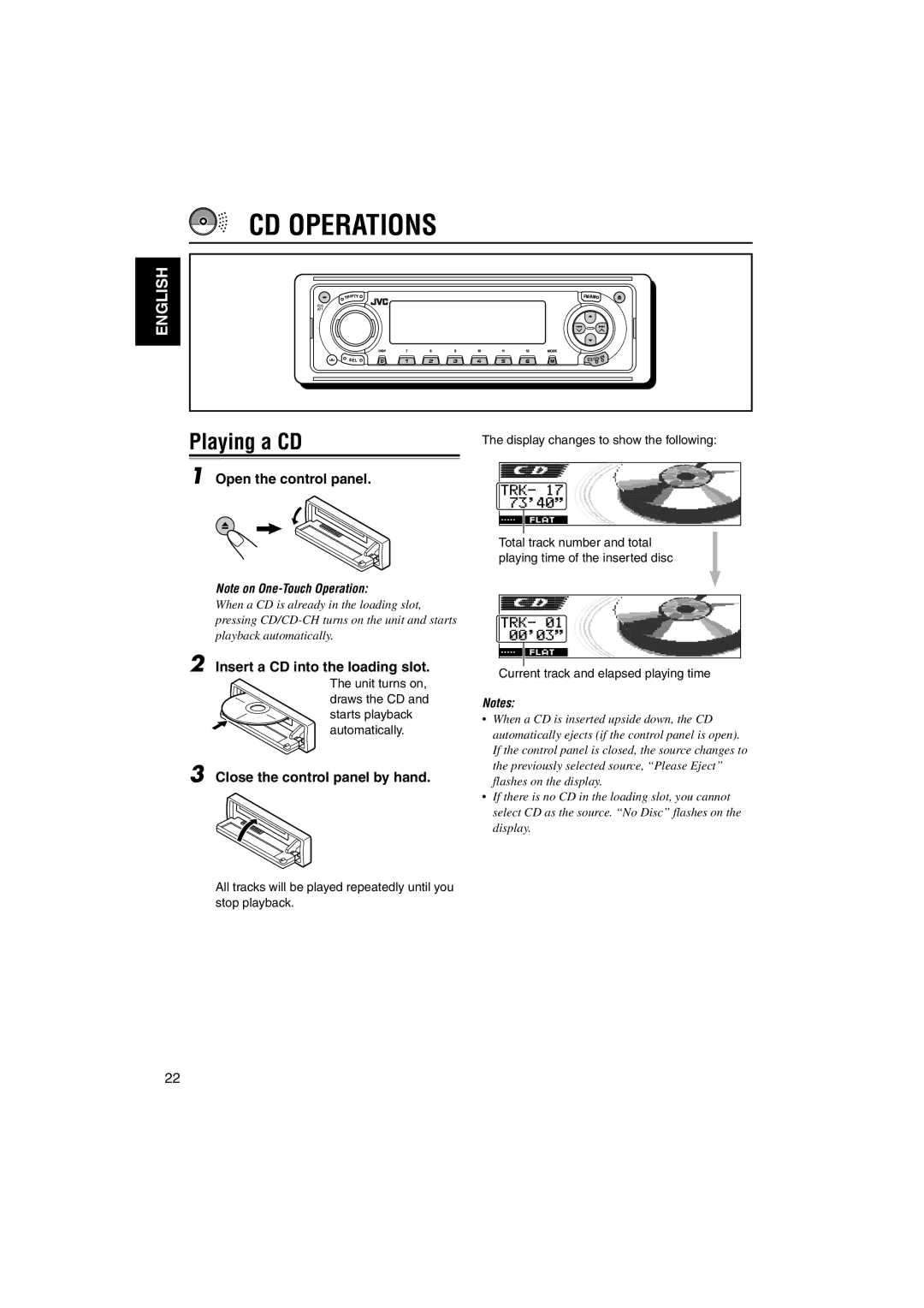 JVC KD-LH1101 manual CD Operations, Playing a CD, Open the control panel, Insert a CD into the loading slot 