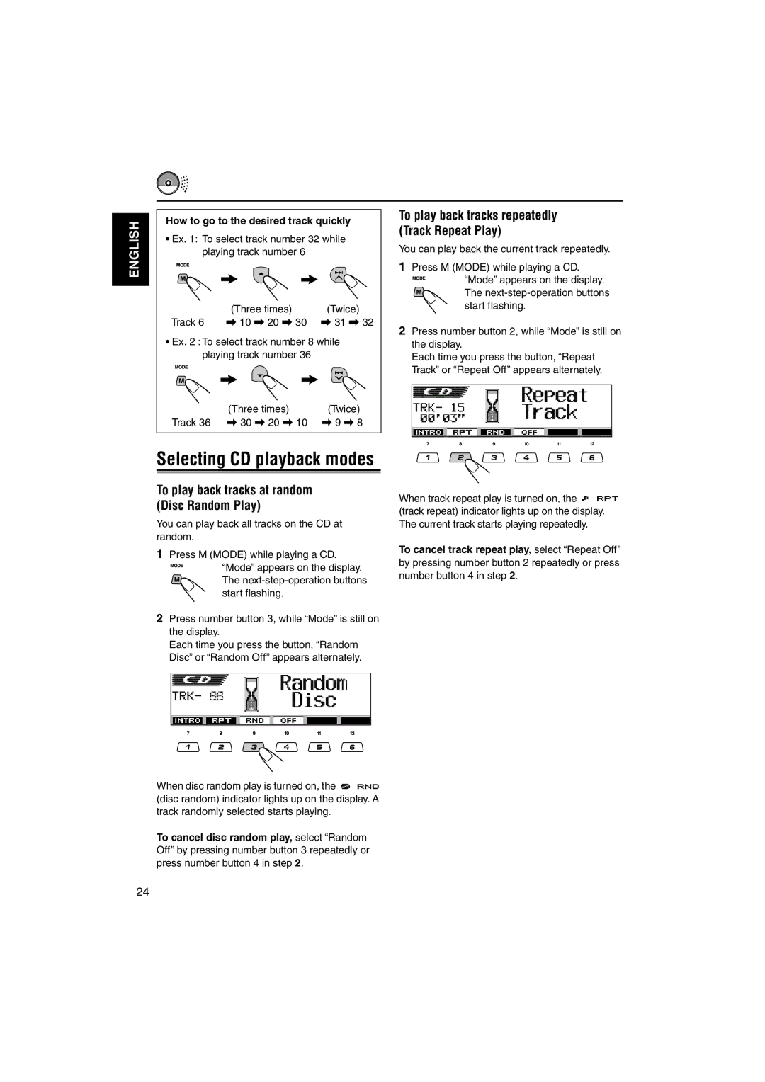 JVC KD-LH1101 To play back tracks at random Disc Random Play, How to go to the desired track quickly, Track 36 \ 30 \ 20 