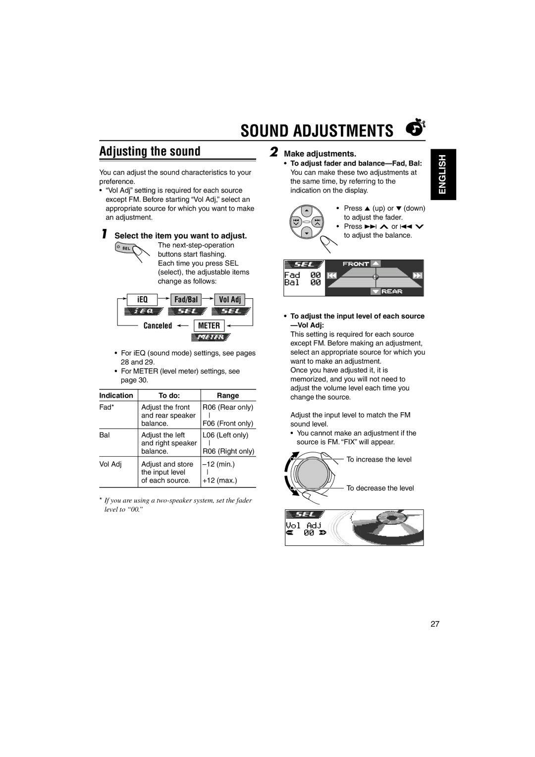 JVC KD-LH1101 manual Sound Adjustments, Adjusting the sound 