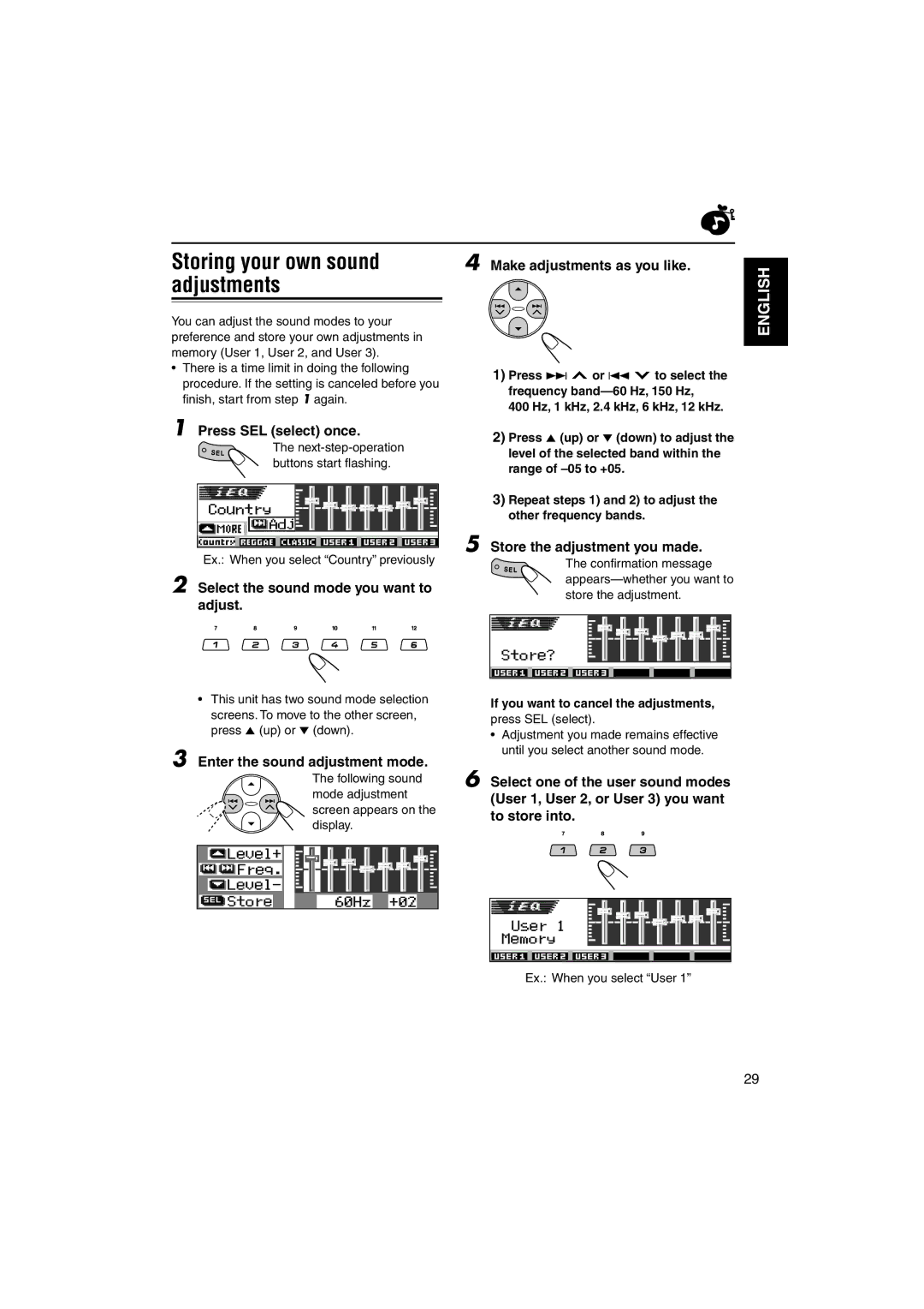 JVC KD-LH1101 manual Storing your own sound, Adjustments 