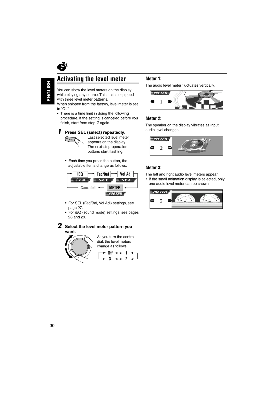 JVC KD-LH1101 Activating the level meter, Meter, Press SEL select repeatedly, Select the level meter pattern you want, Off 