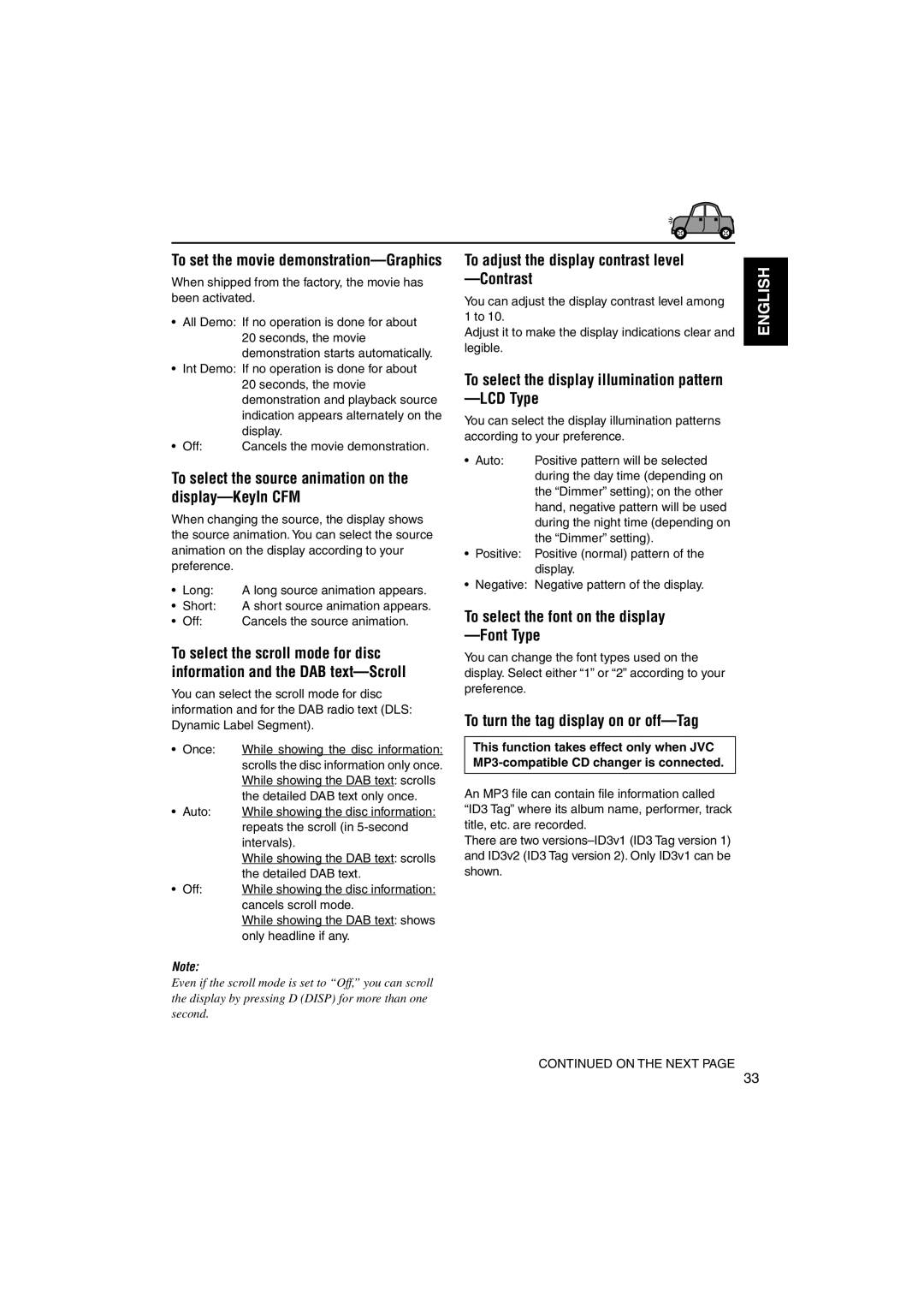 JVC KD-LH1101 manual To select the source animation on the display-KeyIn CFM, To adjust the display contrast level Contrast 