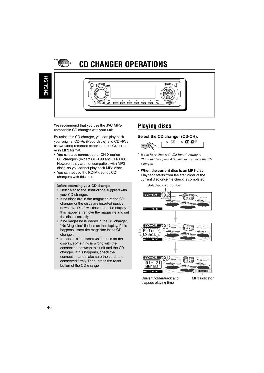 JVC KD-LH1101 manual CD Changer Operations, Playing discs, Select the CD changer CD-CH CD CD-CH 