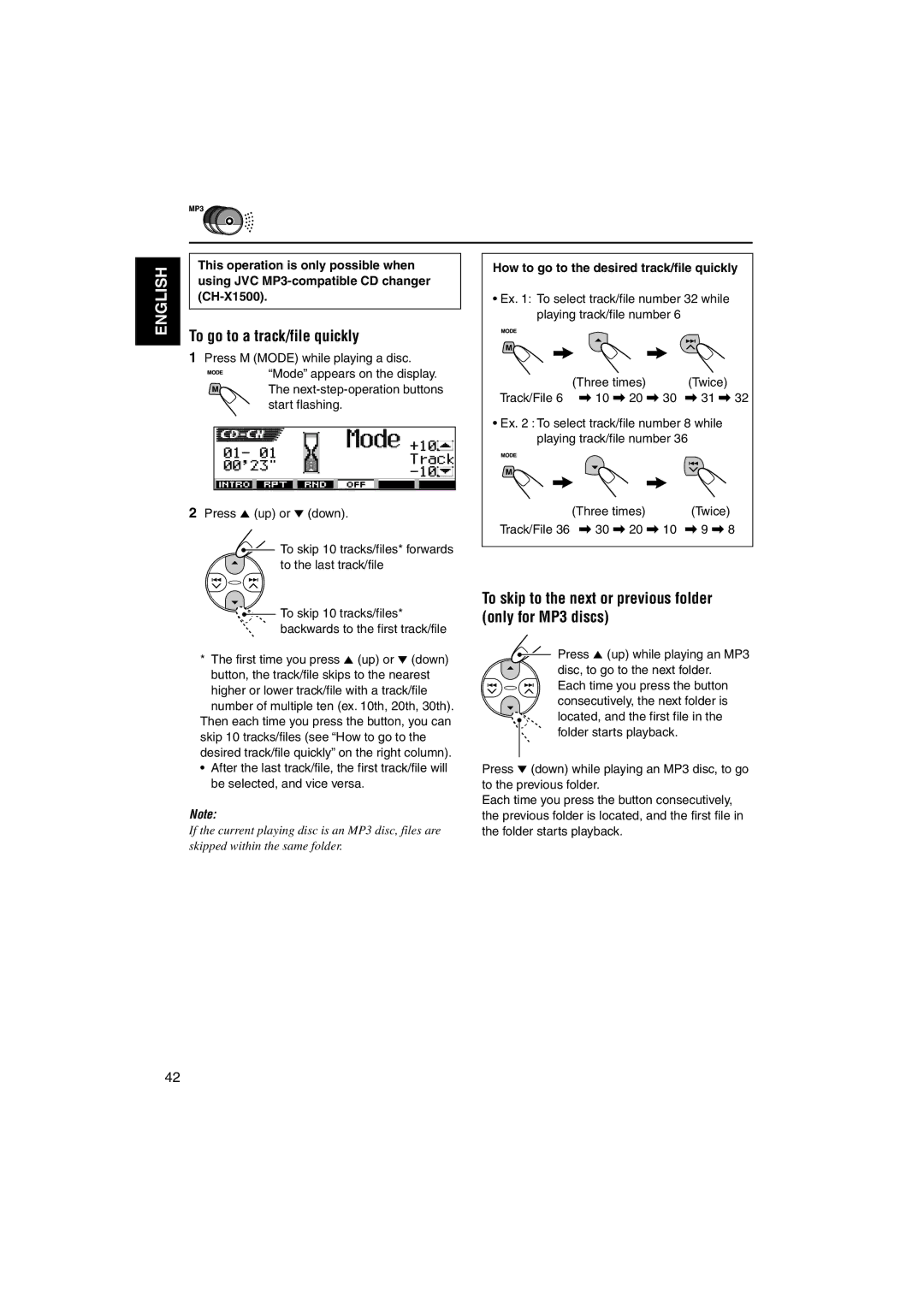 JVC KD-LH1101 manual To go to a track/file quickly, To skip to the next or previous folder only for MP3 discs 