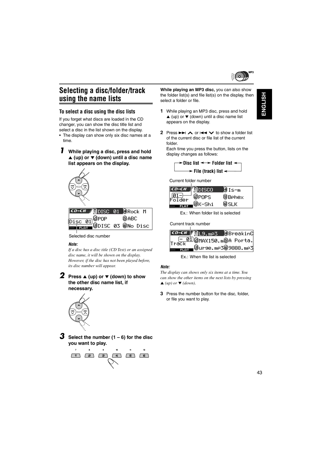 JVC KD-LH1101 manual To select a disc using the disc lists, Disc list Folder list File track list, Selected disc number 