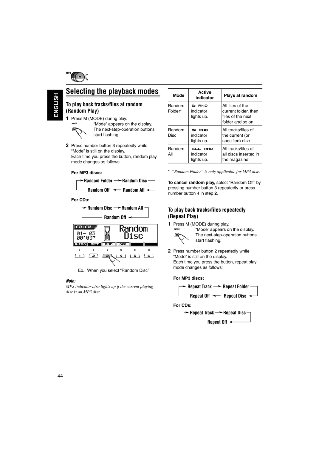 JVC KD-LH1101 manual To play back tracks/files at random, Random Play, To play back tracks/files repeatedly Repeat Play 