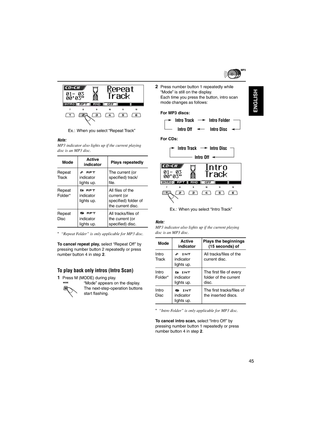 JVC KD-LH1101 manual To play back only intros Intro Scan, Intro Track, Intro Off 