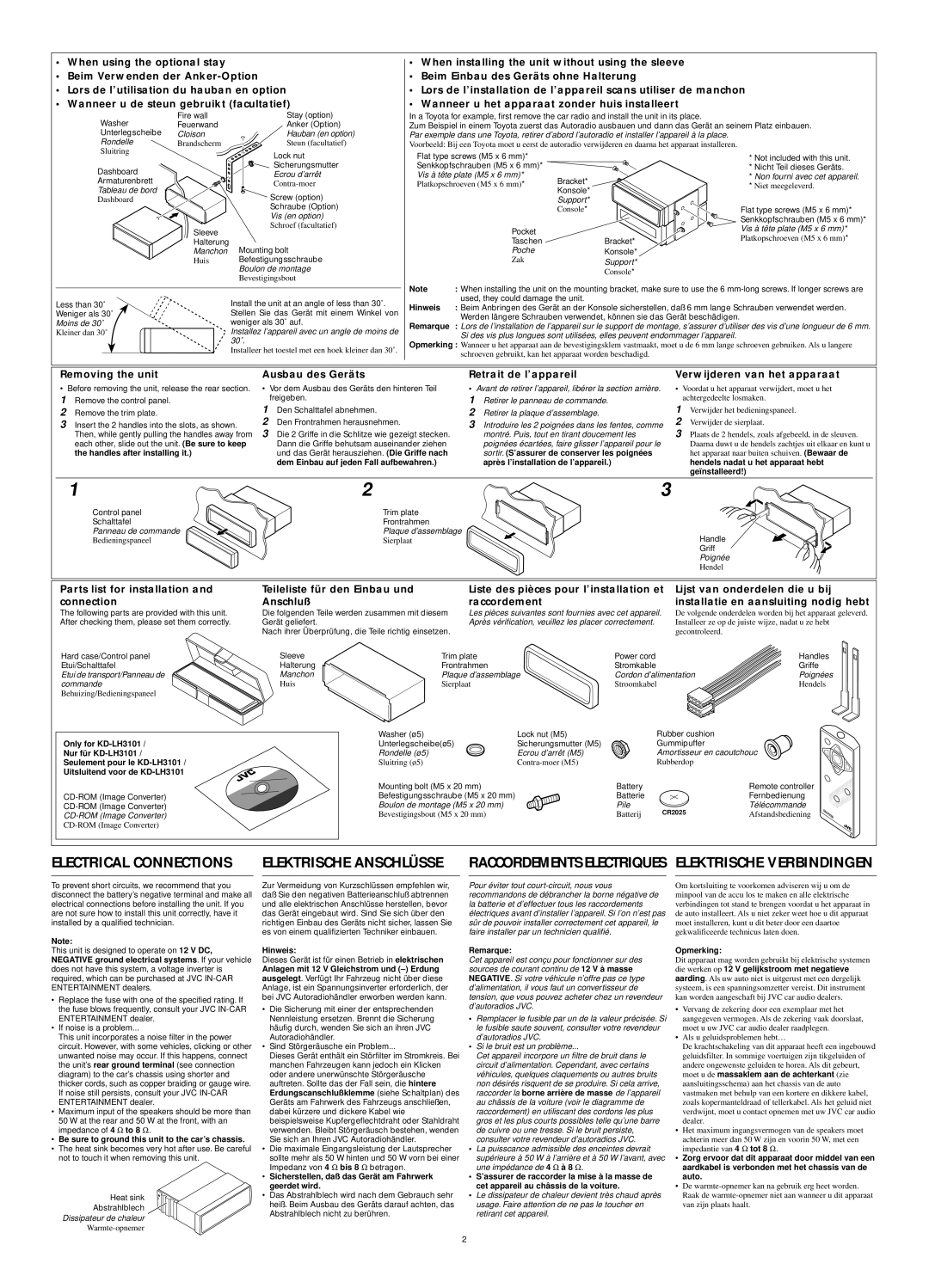 JVC KD-LH1101 manual Used, they could damage the unit, Be sure to ground this unit to the car’s chassis, Hinweis, Opmerking 