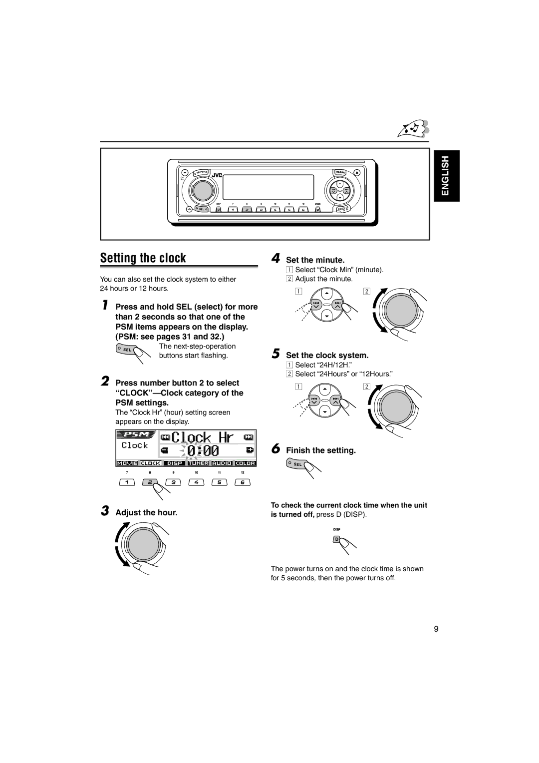 JVC KD-LH1101 manual Setting the clock, Adjust the hour Set the minute, Set the clock system 