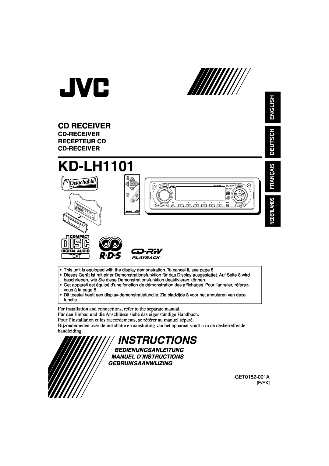 JVC KD-LH1101 manual Cd Receiver, Cd-Receiver Recepteur Cd Cd-Receiver, Instructions, English Deutsch, Gebruiksaanwijzing 