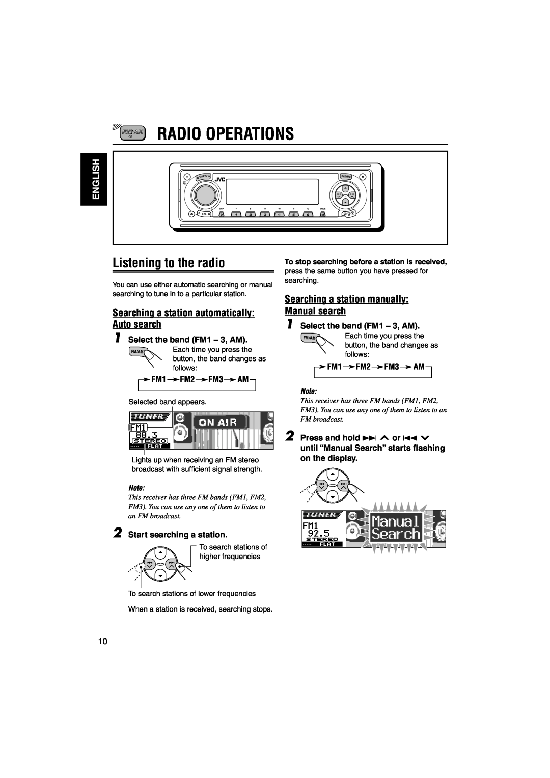 JVC KD-LH1101 manual Radio Operations, Listening to the radio, Searching a station automatically Auto search, English 