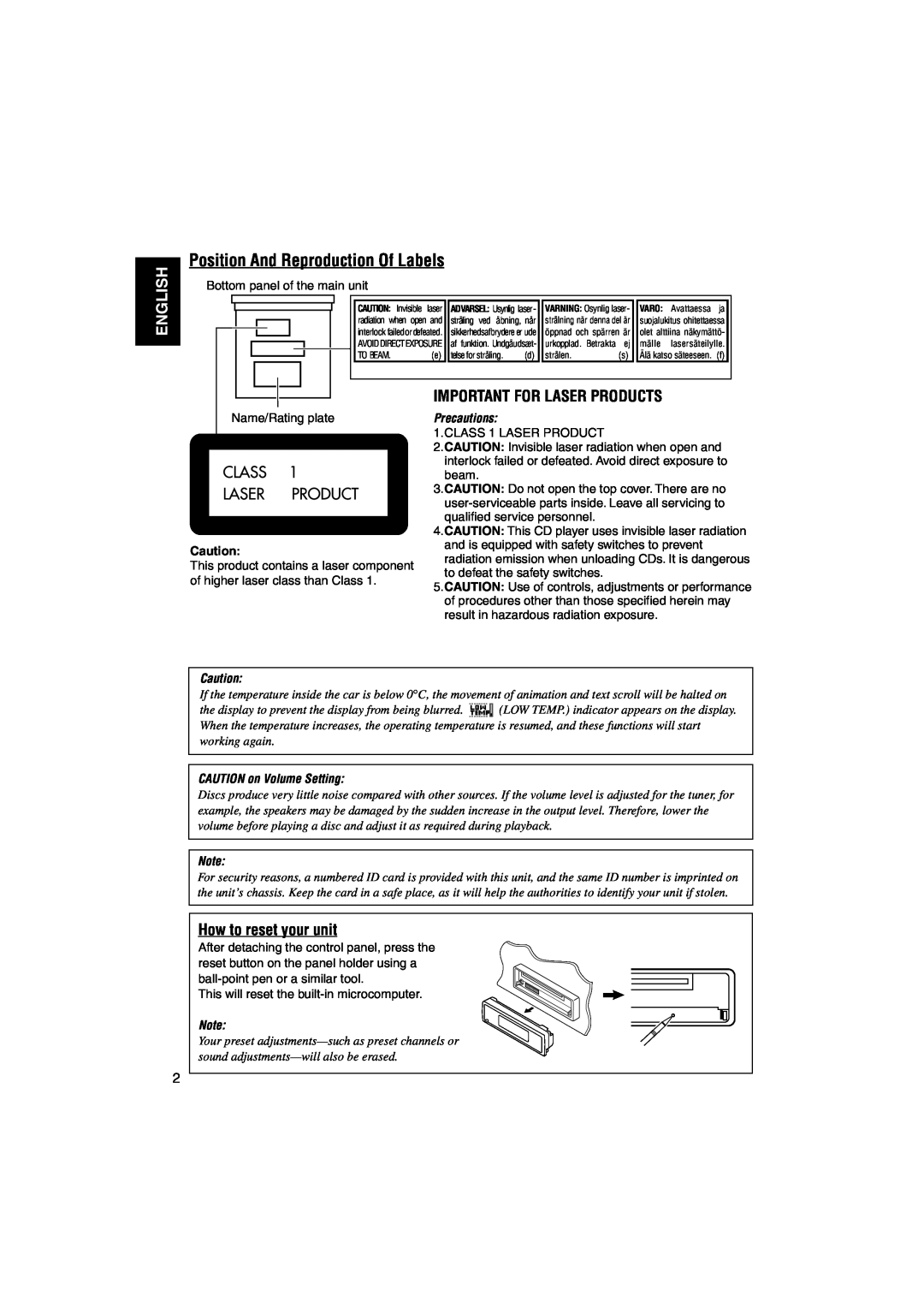 JVC KD-LH1101 manual Position And Reproduction Of Labels, English, Important For Laser Products, How to reset your unit 