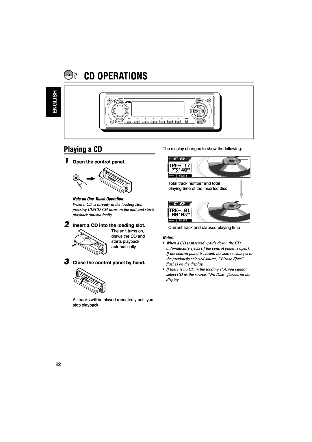 JVC KD-LH1101 manual Cd Operations, Playing a CD, English, Open the control panel, Insert a CD into the loading slot, Notes 
