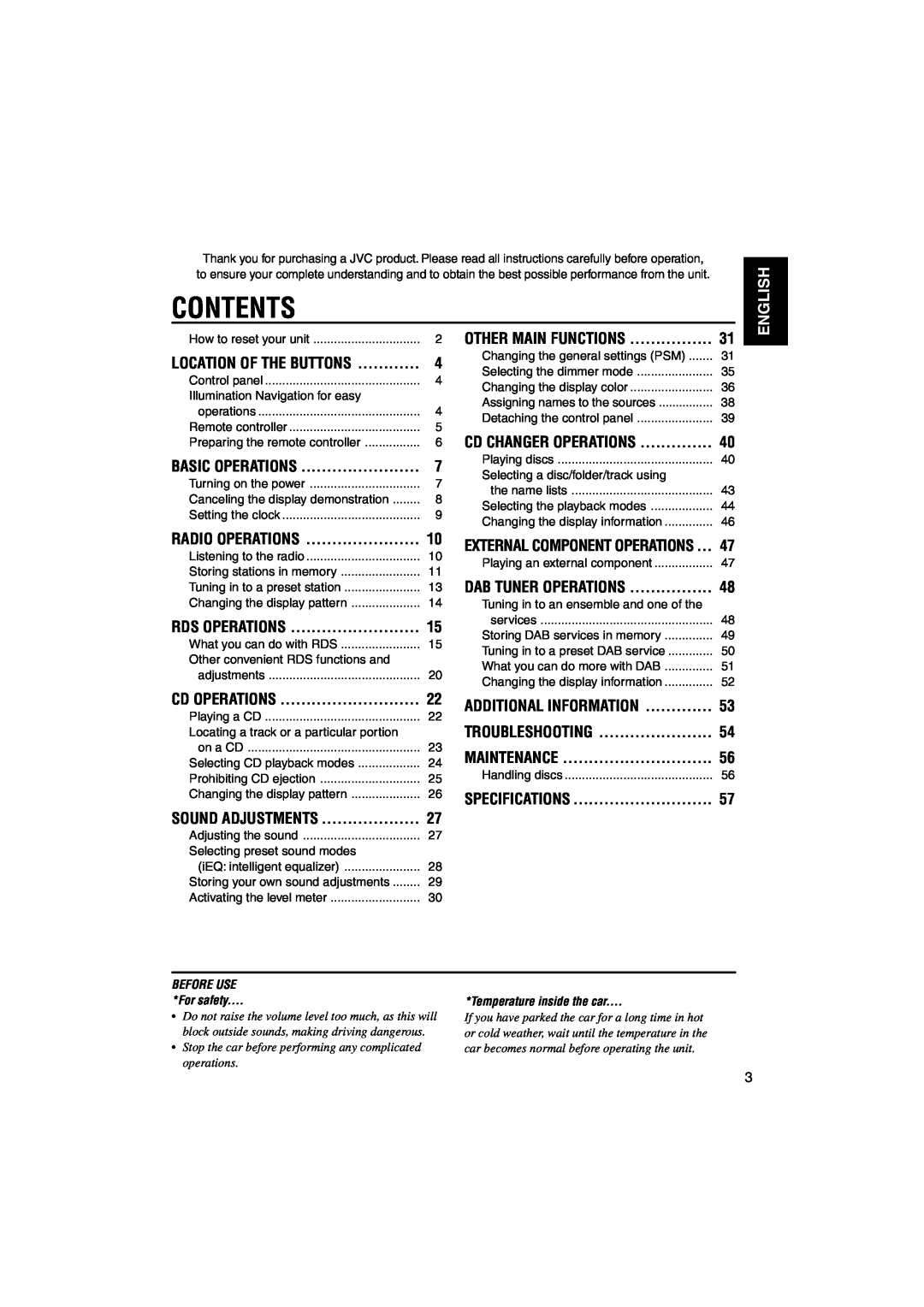 JVC KD-LH1101 manual Contents, English, External Component Operations, Maintenance 