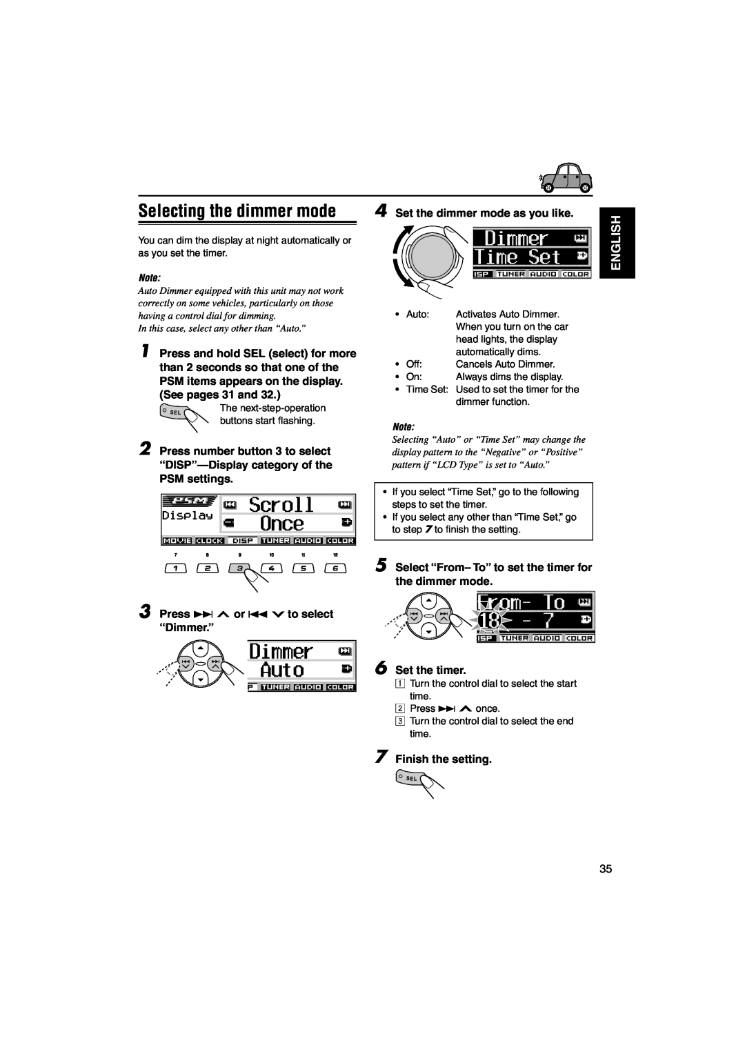 JVC KD-LH1101 manual Selecting the dimmer mode, English, Set the dimmer mode as you like, Press ¢ or 4 to select “Dimmer.” 