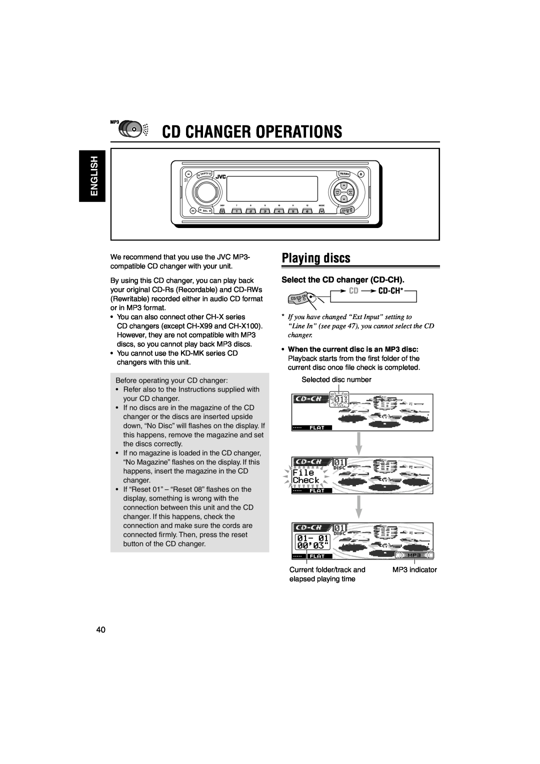 JVC KD-LH1101 manual Cd Changer Operations, Playing discs, English, Select the CD changer CD-CH CD CD-CH 