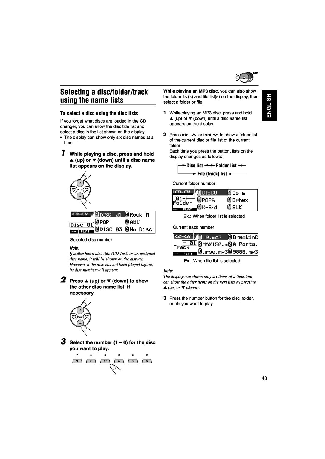 JVC KD-LH1101 manual To select a disc using the disc lists, English, While playing a disc, press and hold 