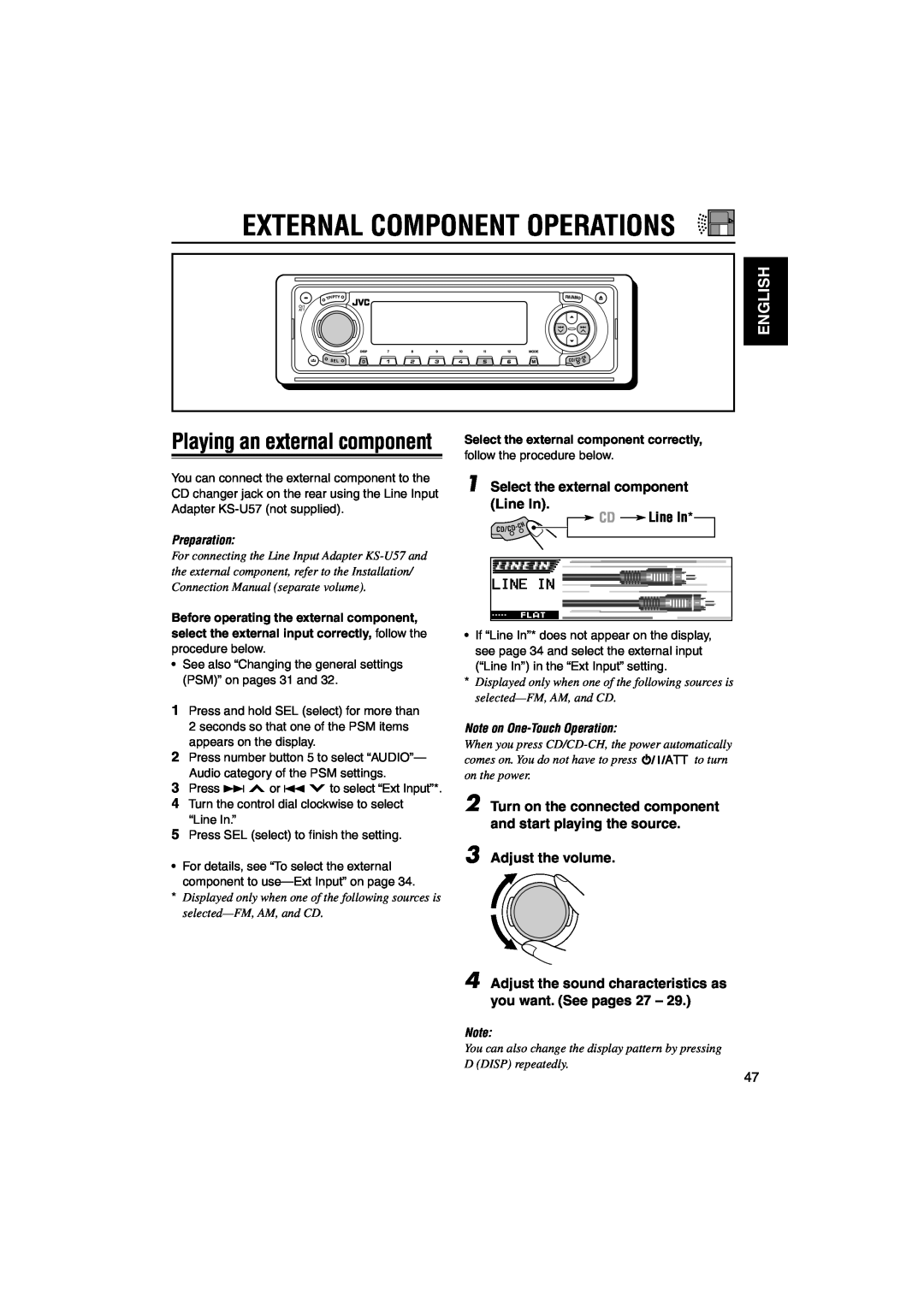 JVC KD-LH1101 External Component Operations, Playing an external component, English, Select the external component Line In 