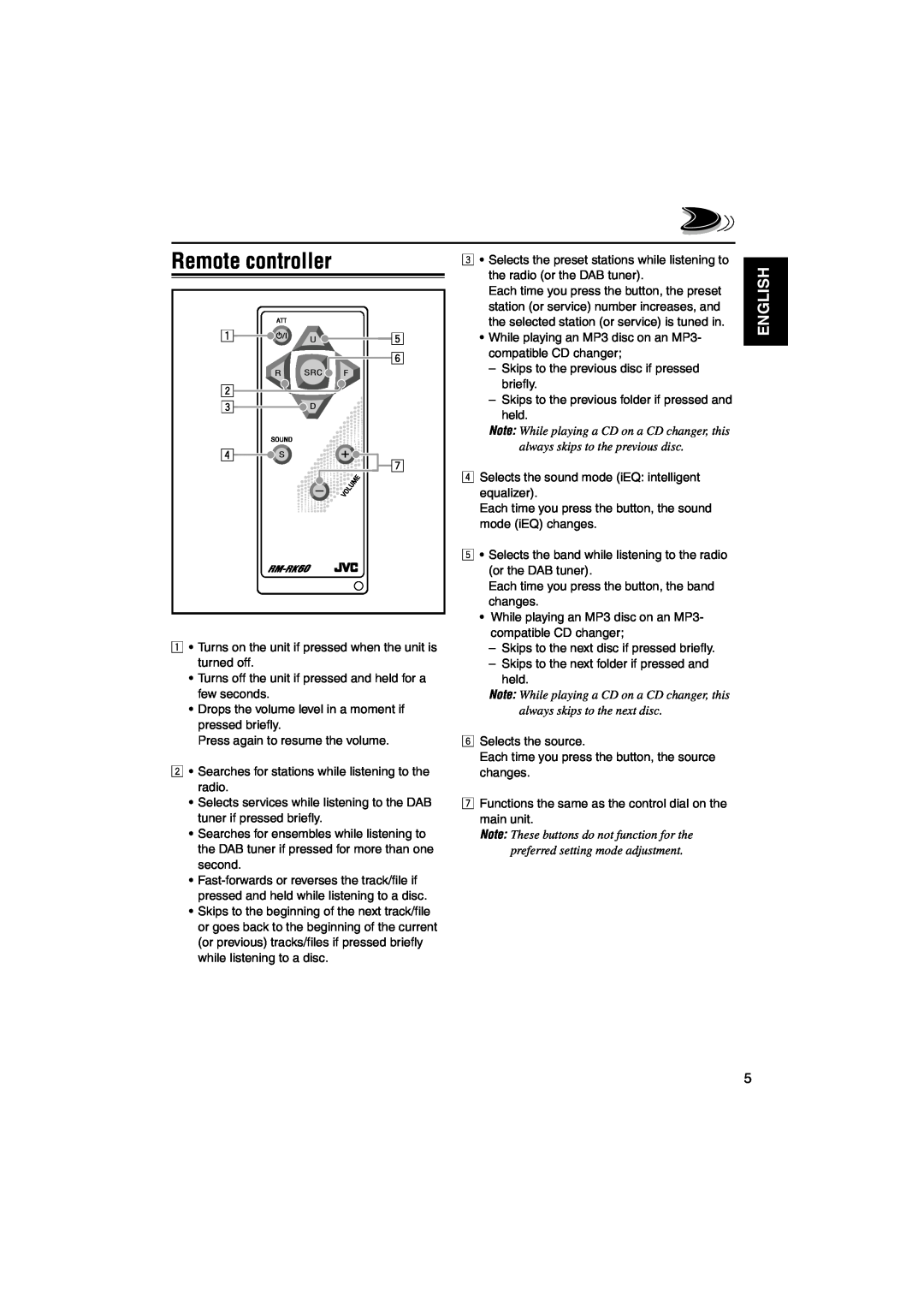 JVC KD-LH1101 manual Remote controller, English 