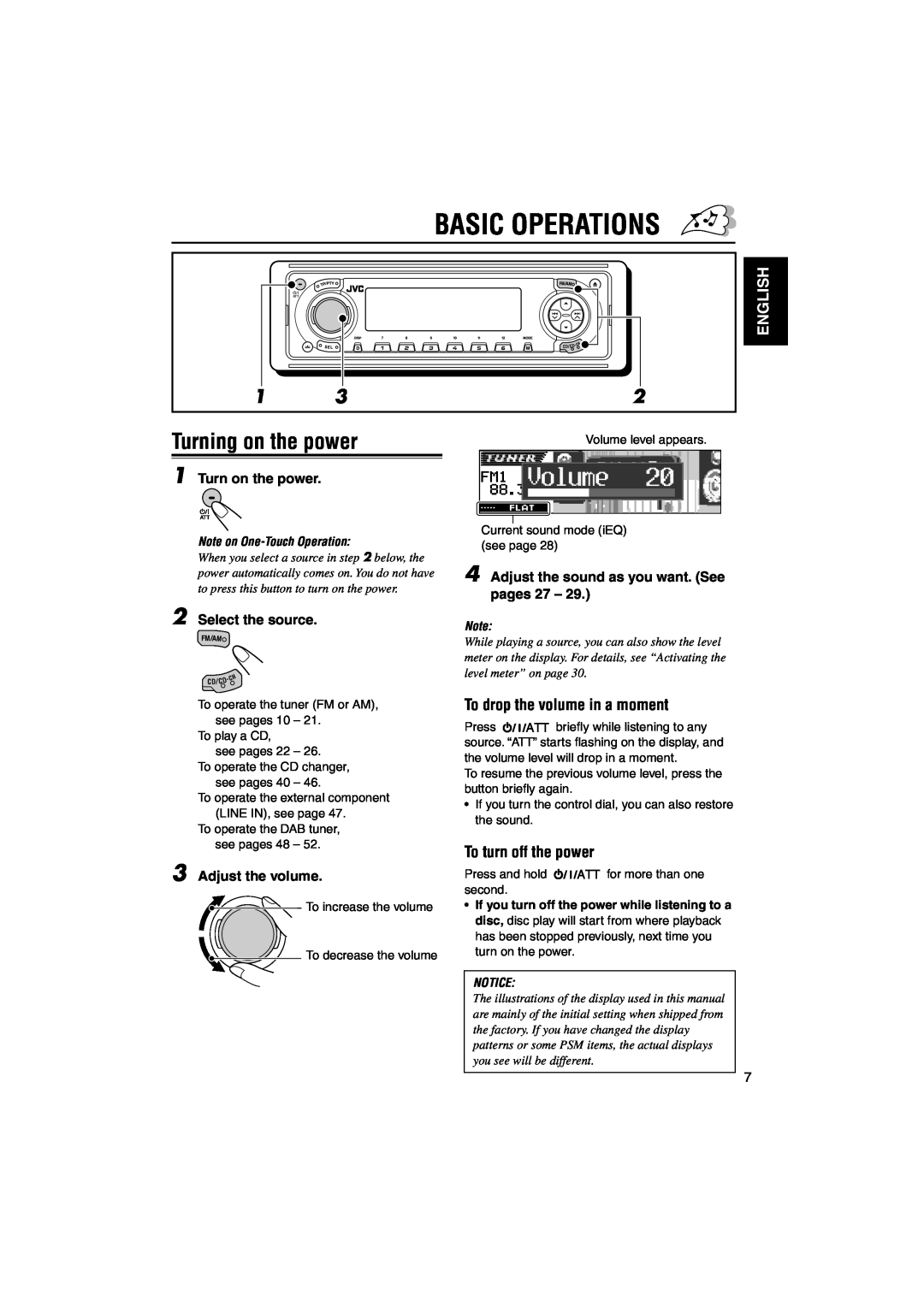 JVC KD-LH1101 manual Basic Operations, Turning on the power, English, To drop the volume in a moment, To turn off the power 