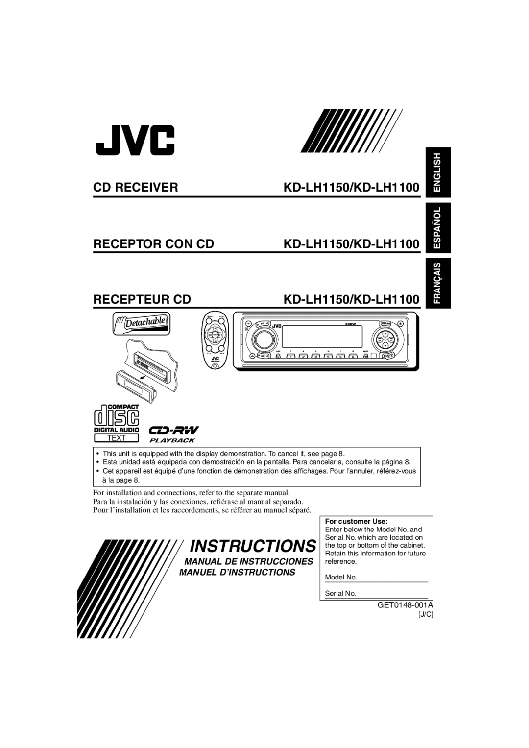 JVC manual KD-LH1150/KD-LH1100, For customer Use 