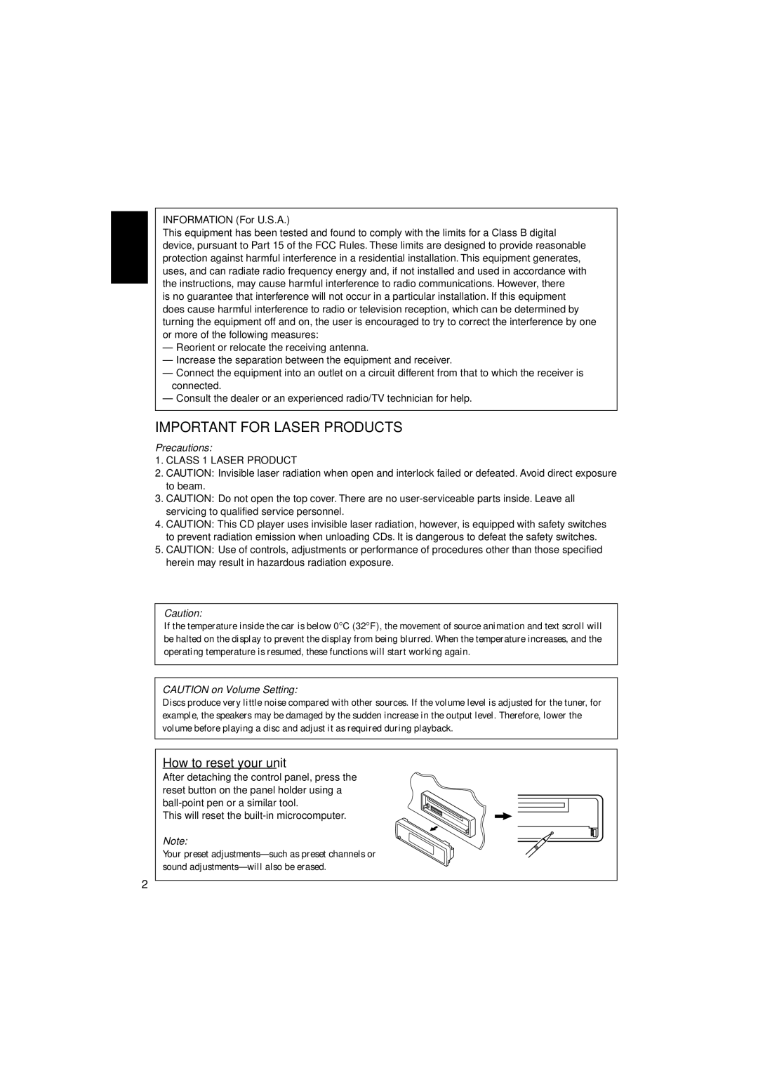 JVC KD-LH1150, KD-LH1100 manual How to reset your unit, Information For U.S.A 