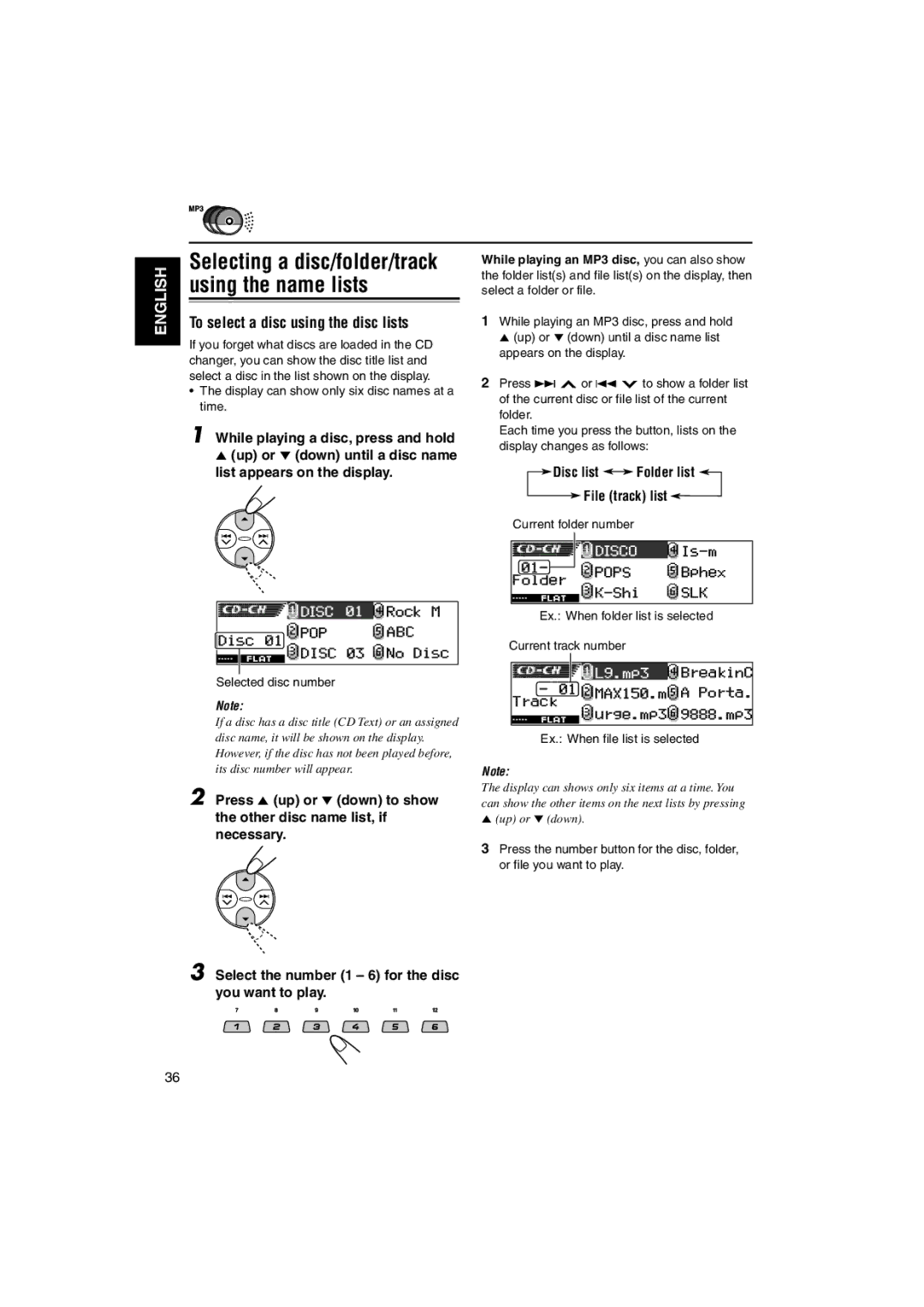 JVC KD-LH1150 To select a disc using the disc lists, Disc list Folder list File track list, Ex. When file list is selected 