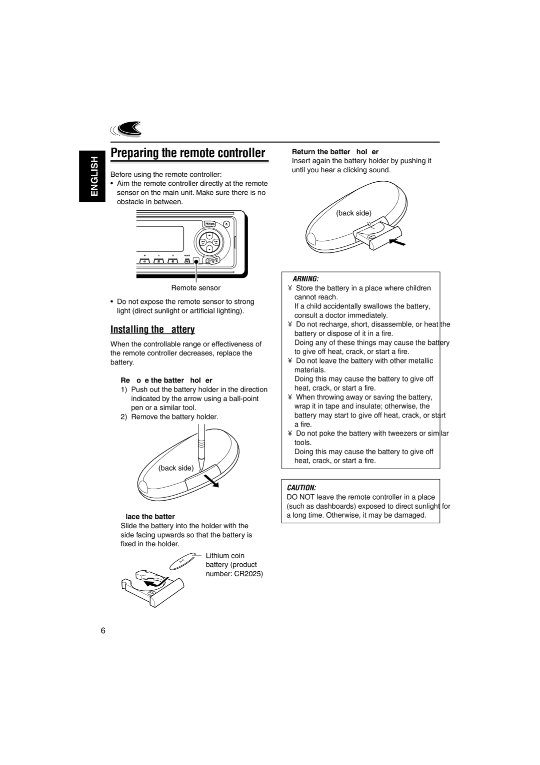 JVC KD-LH1150, KD-LH1100 Installing the battery, Return the battery holder, Remove the battery holder, Place the battery 