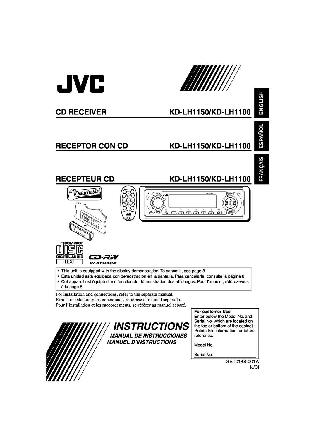 JVC manual Cd Receiver Receptor Con Cd Recepteur Cd, KD-LH1150/KD-LH1100 KD-LH1150/KD-LH1100, Instructions, Français 