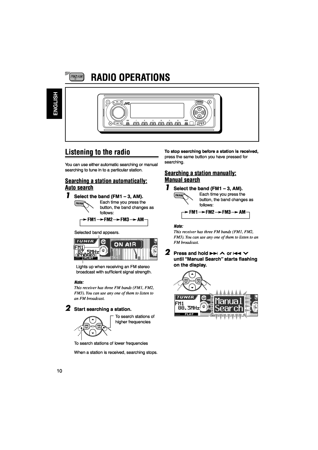 JVC KD-LH1150, KD-LH1100 Radio Operations, Listening to the radio, Searching a station automatically Auto search, English 