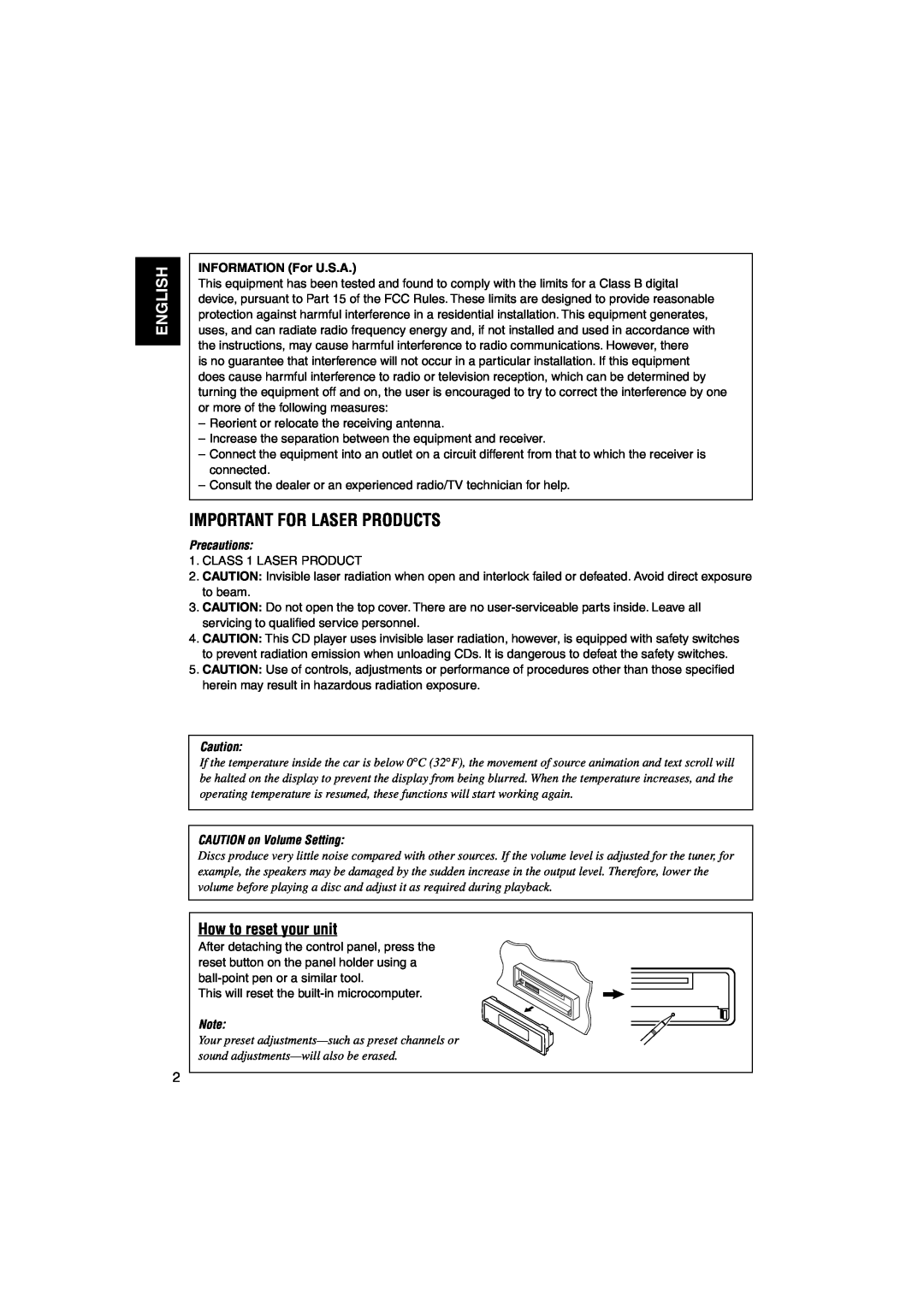 JVC KD-LH1150, KD-LH1100 Important For Laser Products, English, How to reset your unit, INFORMATION For U.S.A, Precautions 