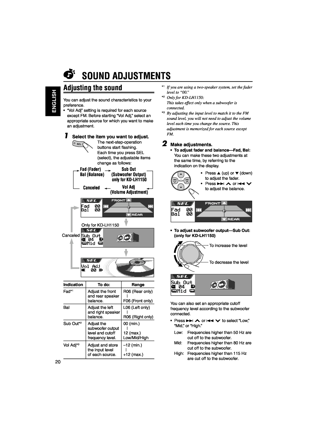 JVC KD-LH1150 Sound Adjustments, Adjusting the sound, English, Select the item you want to adjust, Fad Fader, Canceled 