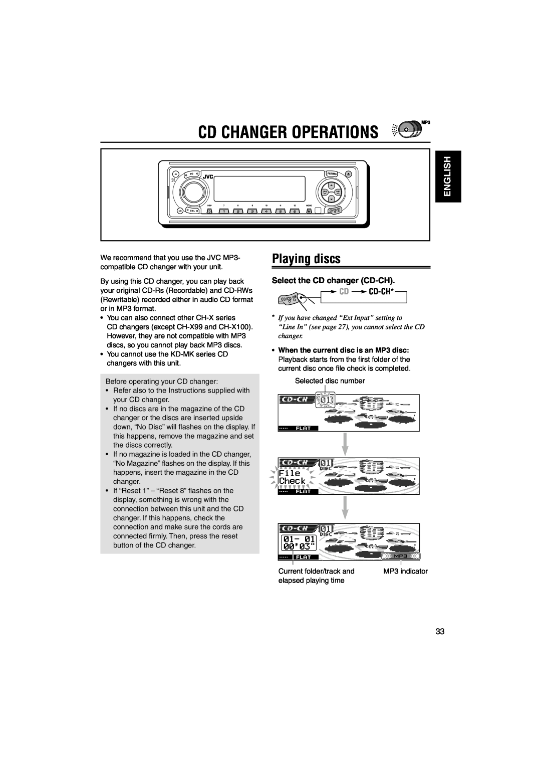 JVC KD-LH1100, KD-LH1150 manual Cd Changer Operations, Playing discs, English, Select the CD changer CD-CH CD CD-CH 