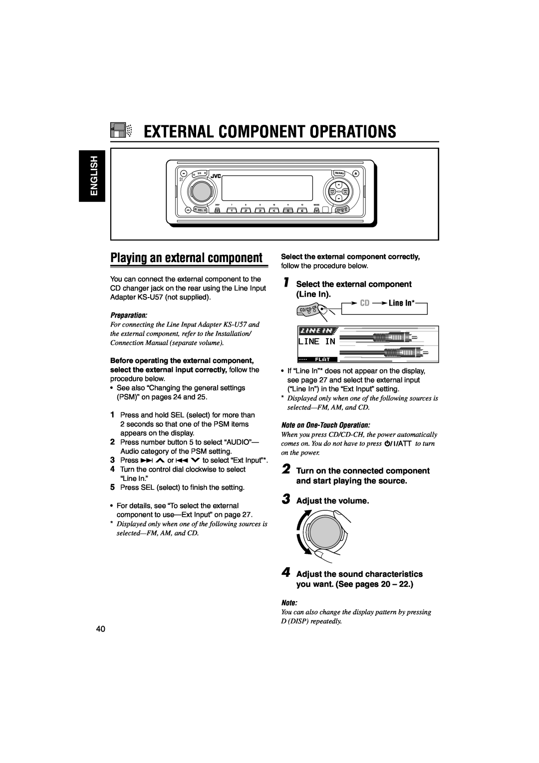 JVC KD-LH1150 External Component Operations, Playing an external component, English, Select the external component Line In 